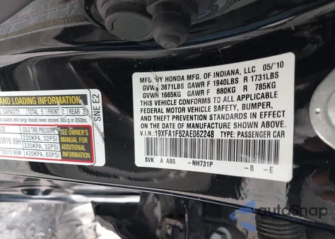 2010 Honda Civic Lx из США, поврежденный, VIN 19XFA1F52AE062248